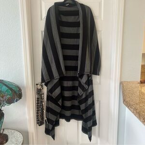 Fraktura Black and Gray Striped Duster Cardigan Sweater Waterfall